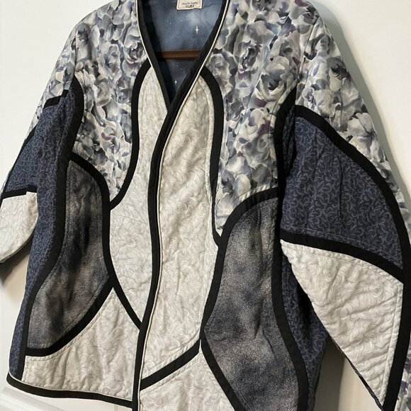 Vintage Handmade Quilted Patchwork Open Front Blue Shacket Jacket Y2K - Picture 3 of 7